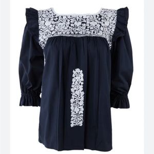 Mi Golondrina Top Fernanda Cotton Floral Embroidered navy